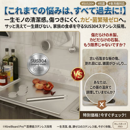 【もう雑菌やニオイに悩まない！】プロも絶賛する一生モノの清潔感。サッと洗えてキズがつかない、医療級ステンレス採用の極上まな板『KireiBoard Pro』【抗菌・防臭・食洗機対応】